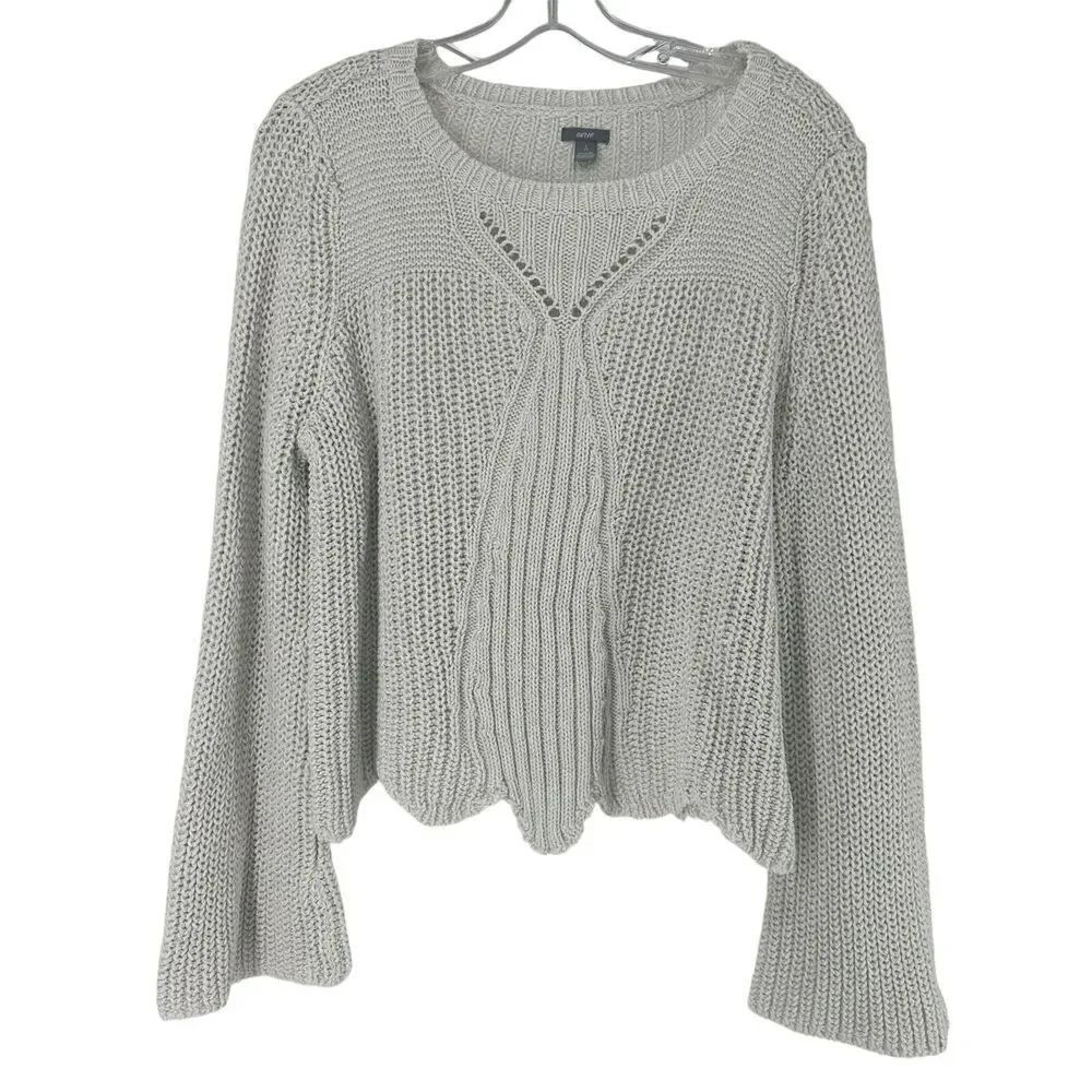 Aerie Sweater Ivory Size L Scalloped Hem Round Neck Flare Sleeve Silver Thread